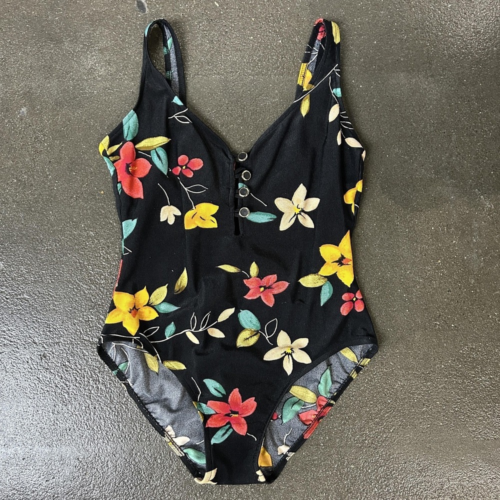 Miraclesuit Swimsuit Womens Medium Black One Piece Floral‎ Tank Button Front